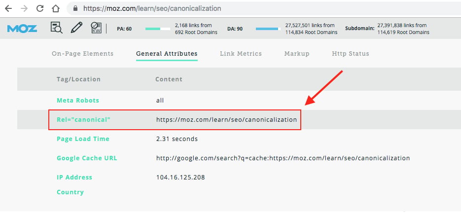 Canonical tag in MozBar