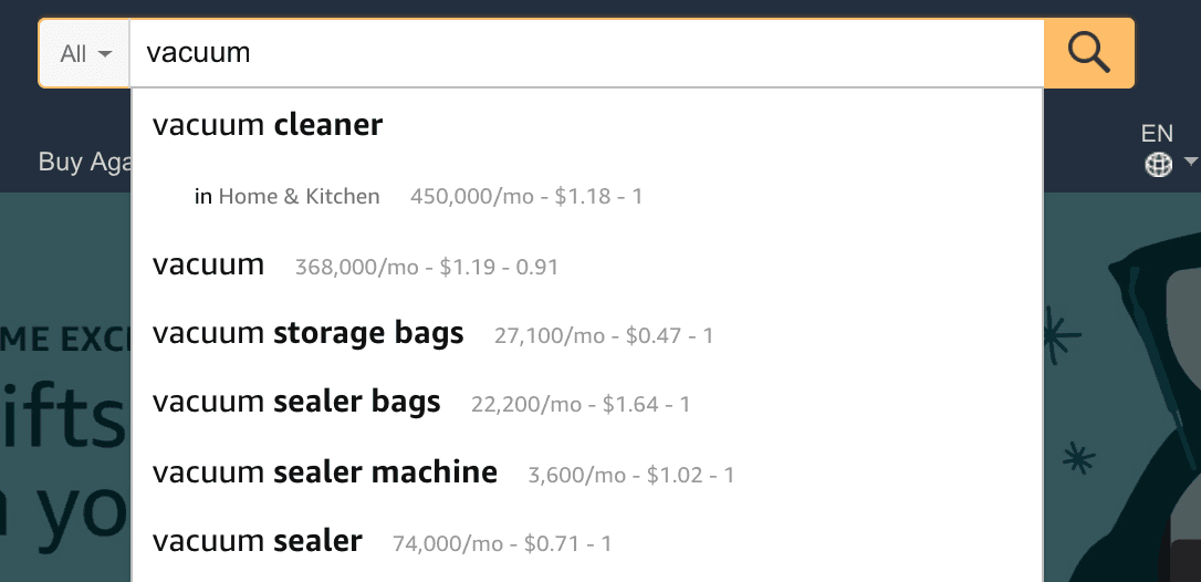 ricerca parole chiave su Amazon