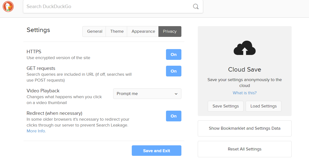إعدادات DuckDuckGo