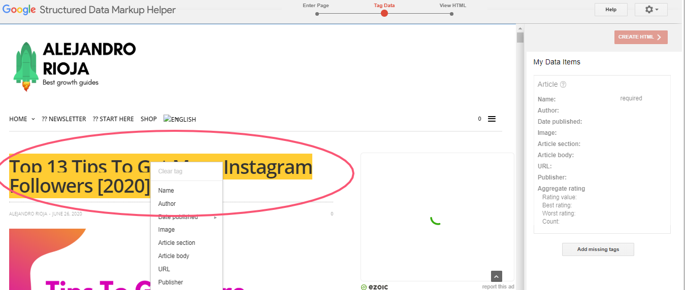 Step 4. Select which items on the website or email you want to have a Schema markup