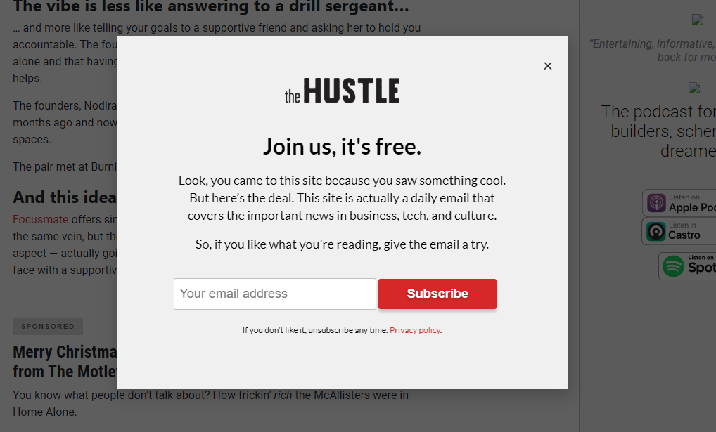 2. O email de opt-in na página de The Hustle