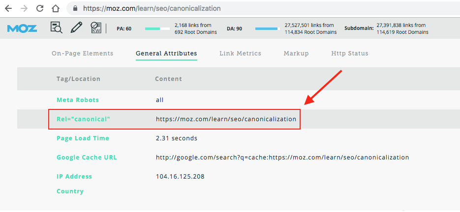 Tag canonical in MozBar
